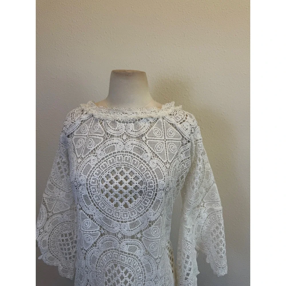 Raffaela D'angelo White Lace Crochet Sheer Mini Dress Womens‎ Small Bell Sleeve